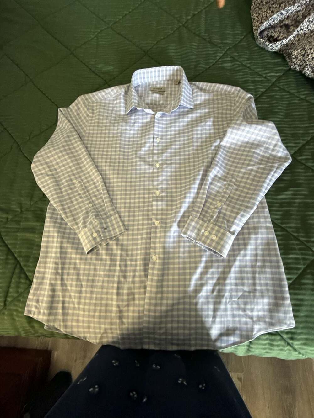 Kenneth Cole Reaction Regular Fit Quick Dry Performance Blue Check Dress Shirt 1
